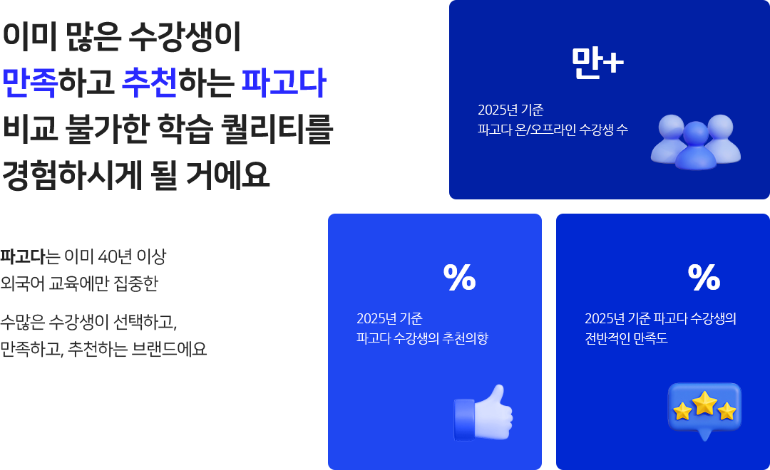 이미 많은 수강생이 만족하고 추천하는 파고다 비교 불가한 학습 퀄리티를 경험하시게 될 거에요